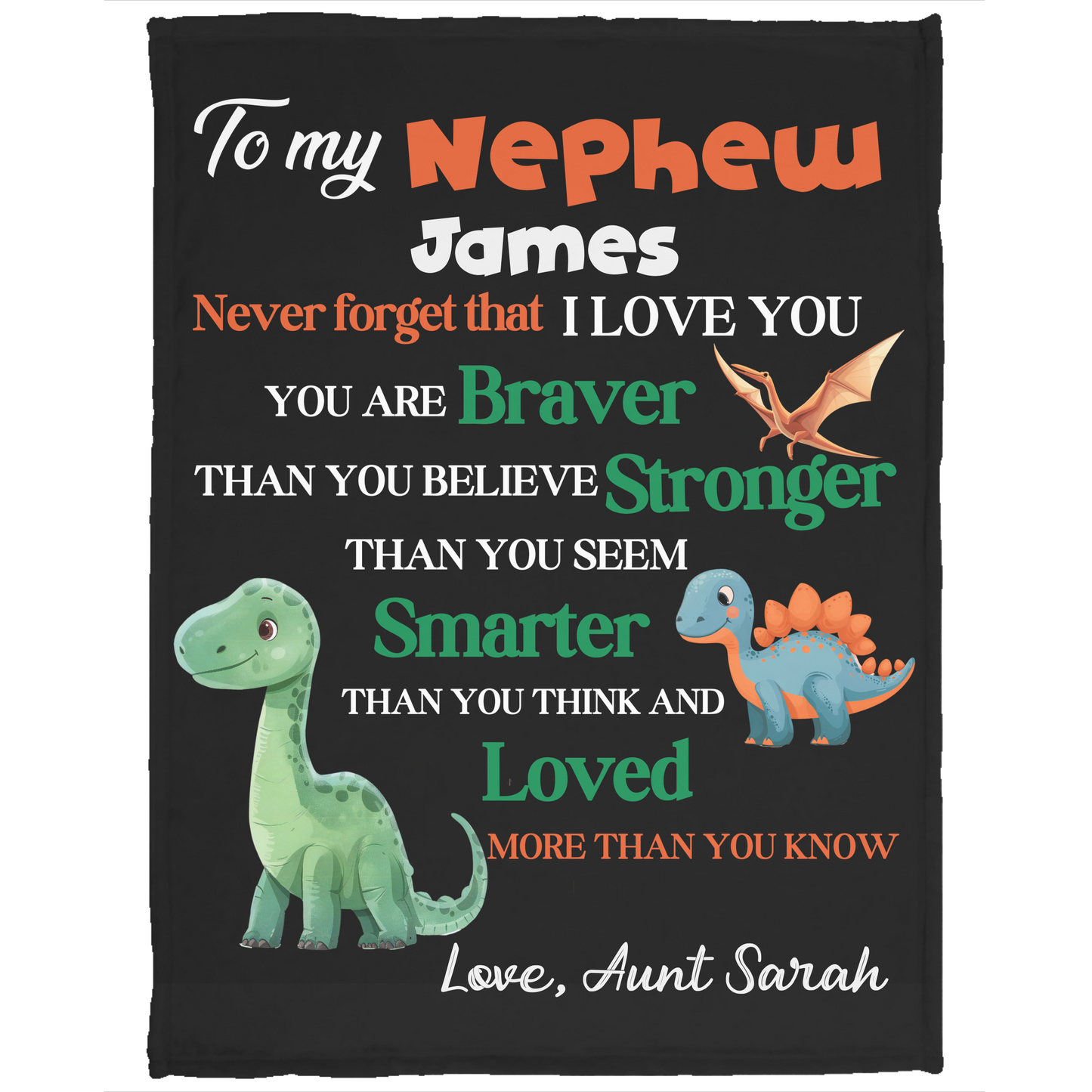 Personalized Nephew Blanket | Custom Name Dinosaur Fleece or Sherpa Throw | Gift from Aunt, Gift From Uncle, Gift For Nephew