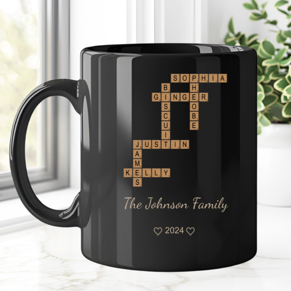 Personalized Family Crossword Mug - Custom Name Puzzle Coffee Cup | Unique Gift for Families, Parents, or Grandparents