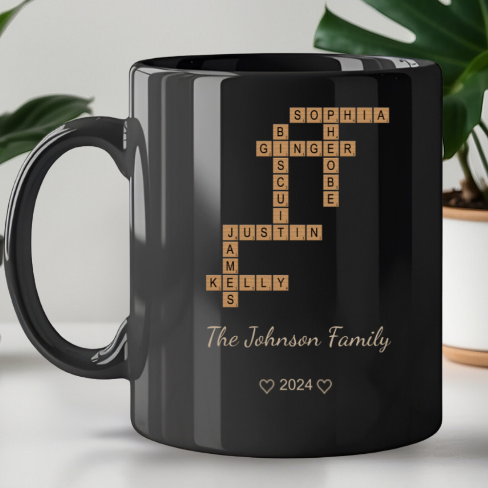 Personalized Family Crossword Mug - Custom Name Puzzle Coffee Cup | Unique Gift for Families, Parents, or Grandparents