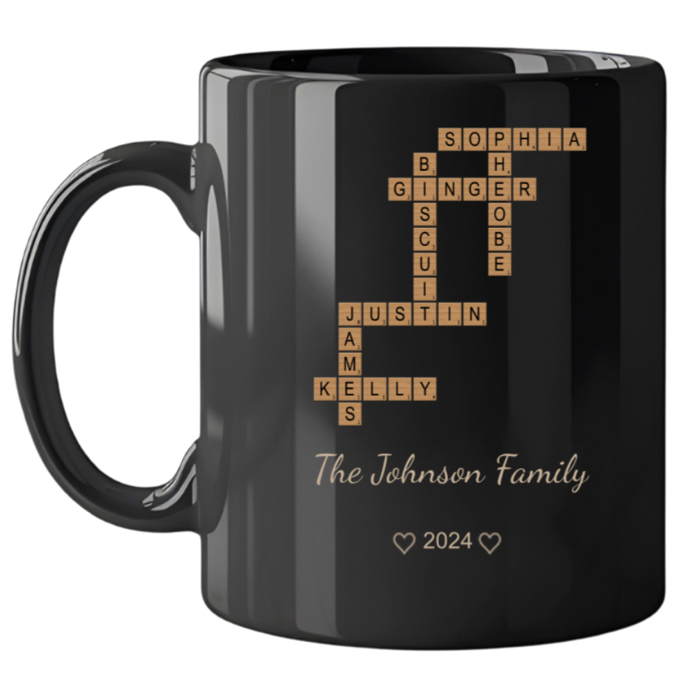 Personalized Family Crossword Mug - Custom Name Puzzle Coffee Cup | Unique Gift for Families, Parents, or Grandparents