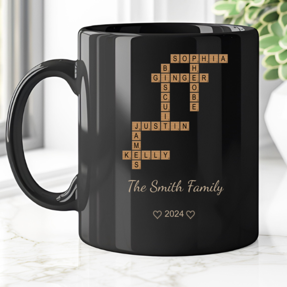 Personalized Family Crossword Mug - Custom Name Puzzle Coffee Cup | Unique Gift for Families, Parents, or Grandparents