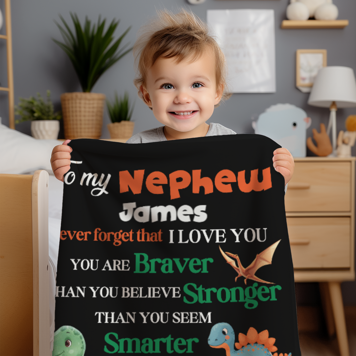 Personalized Nephew Blanket | Custom Name Dinosaur Fleece or Sherpa Throw | Gift from Aunt, Gift From Uncle, Gift For Nephew