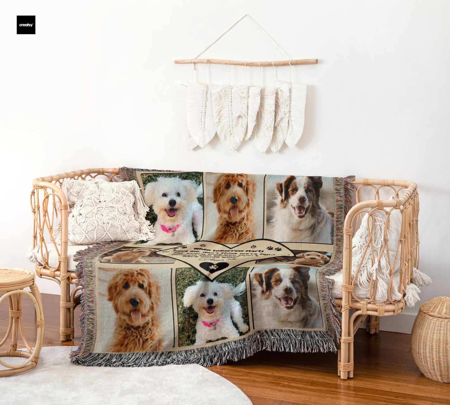 Custom Dog Photo Woven Blanket | Pet Memorial Gift | Personalized Paw Print Blanket