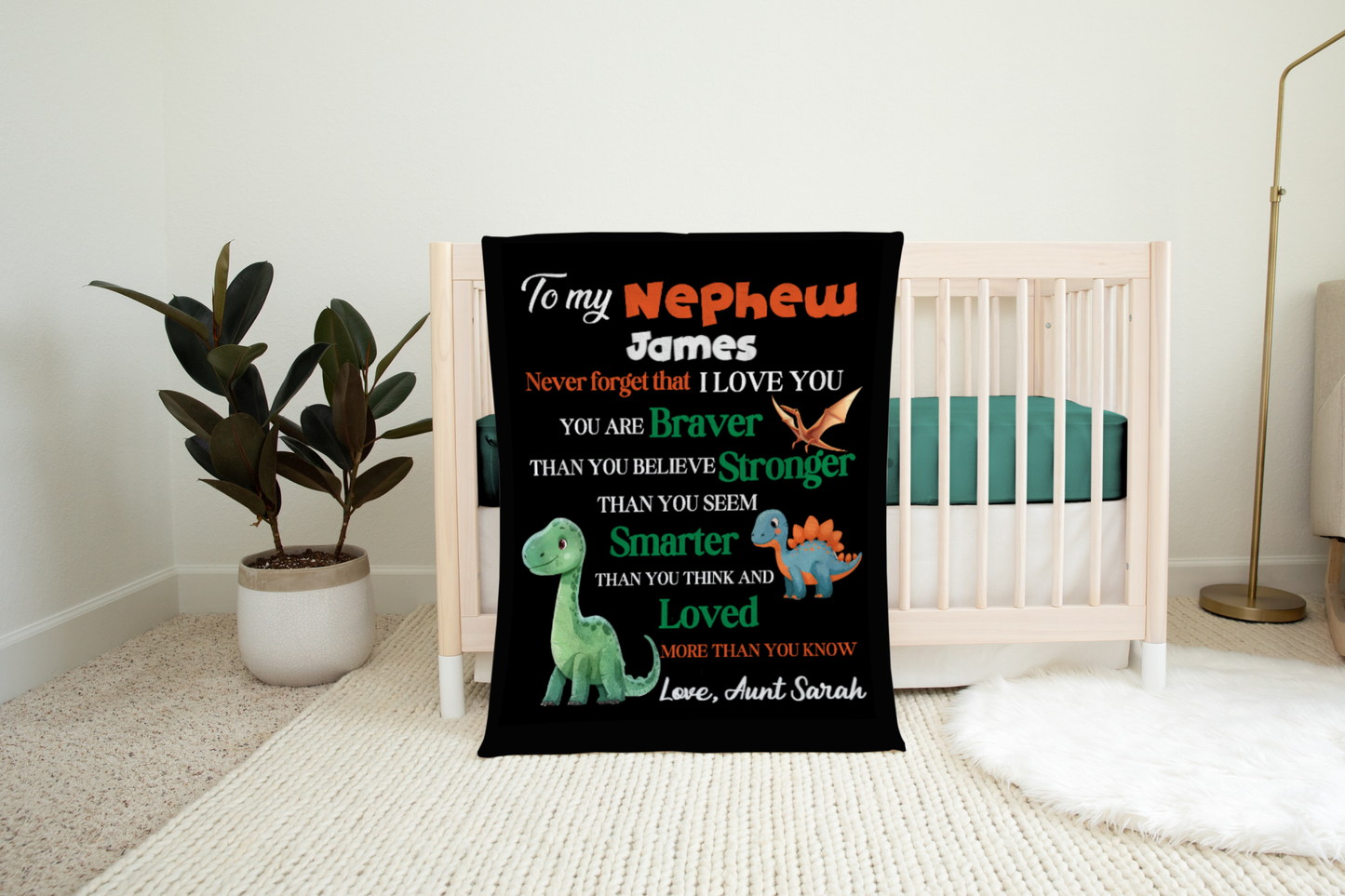 Personalized Nephew Blanket | Custom Name Dinosaur Fleece or Sherpa Throw | Gift from Aunt, Gift From Uncle, Gift For Nephew