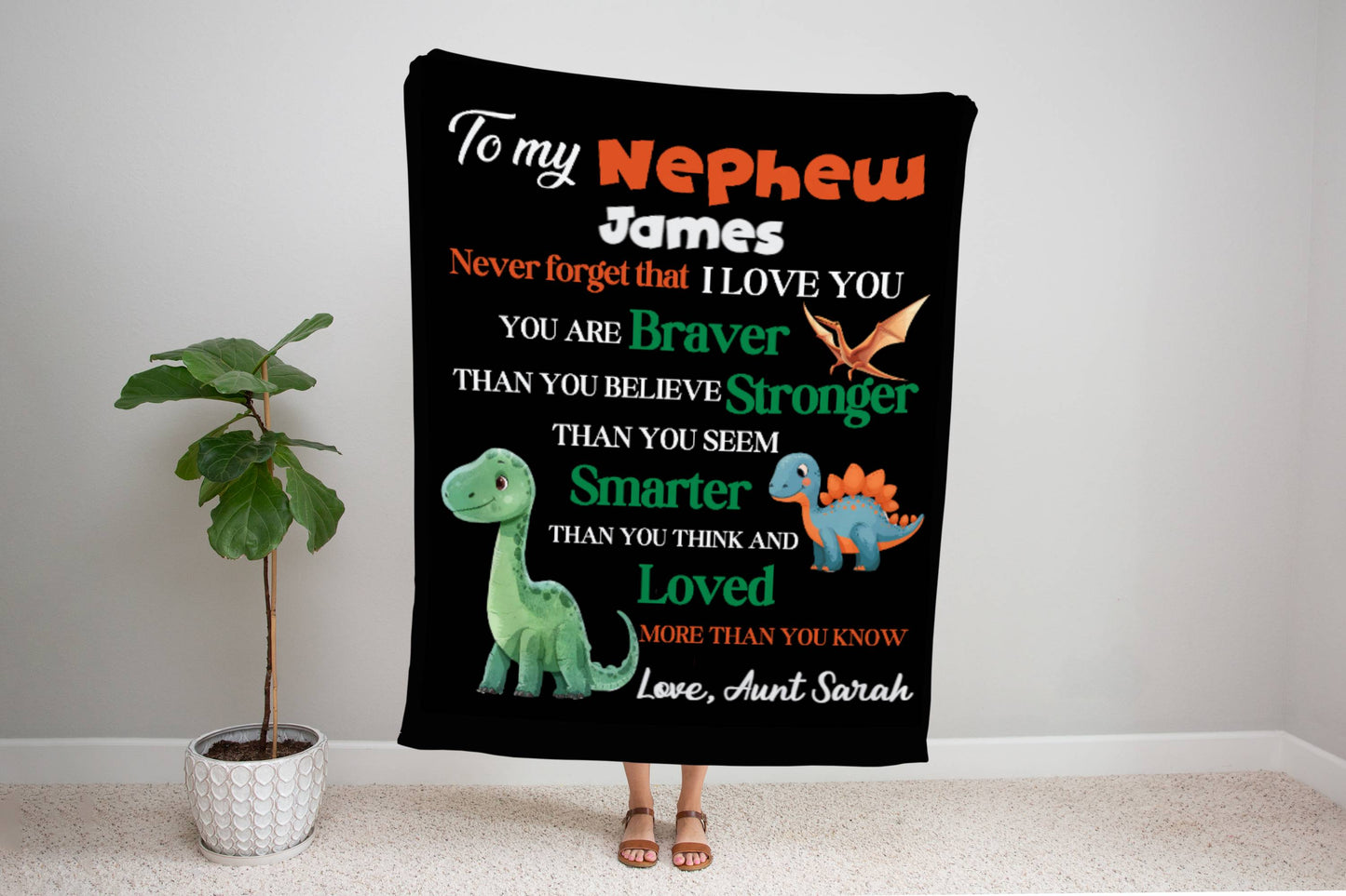 Personalized Nephew Blanket | Custom Name Dinosaur Fleece or Sherpa Throw | Gift from Aunt, Gift From Uncle, Gift For Nephew