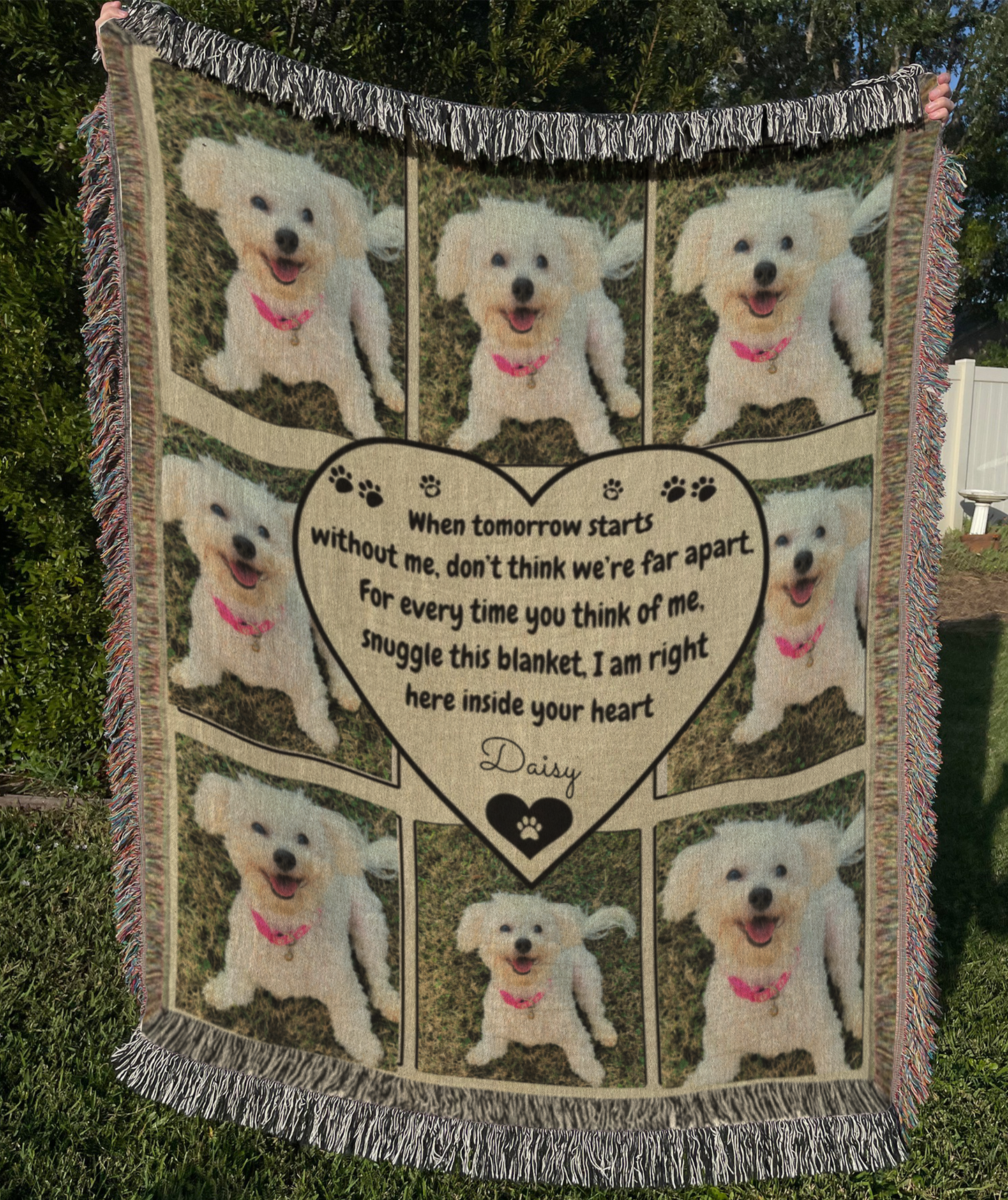 Custom Dog Photo Woven Blanket | Pet Memorial Gift | Personalized Paw Print Blanket