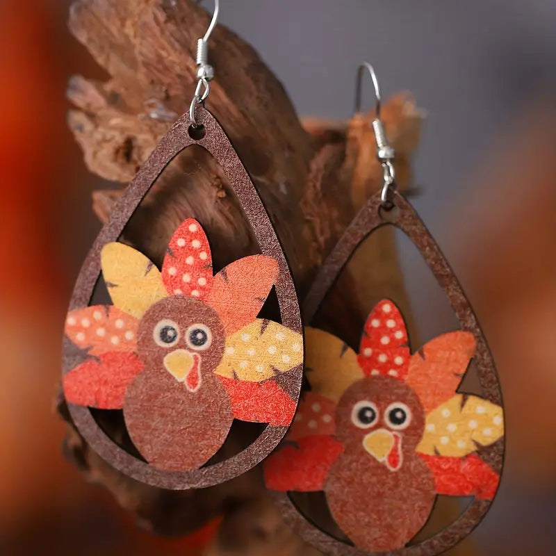 Vintage Thanksgiving Cute Turkey Hollow Water Drop Dangle Earrings Wooden Jewelry Creative Female Gift