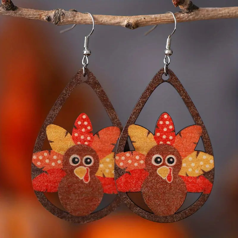 Vintage Thanksgiving Cute Turkey Hollow Water Drop Dangle Earrings Wooden Jewelry Creative Female Gift